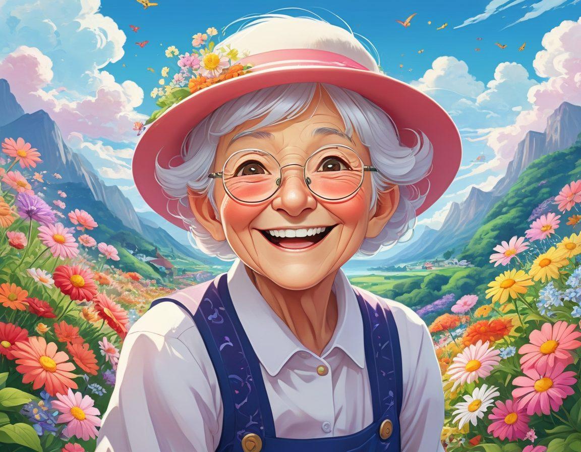 A vibrant and cheeky illustration of a charming, whimsical setting, featuring an elderly anime character with a mischievous smile surrounded by colorful flowers and playful elements. The background should include whimsical designs and a hint of playful nostalgia, embodying the allure of mature themes in a light-hearted manner. Use a bright and inviting color palette to enhance the playful atmosphere. cartoon style. vibrant colors. whimsical design.