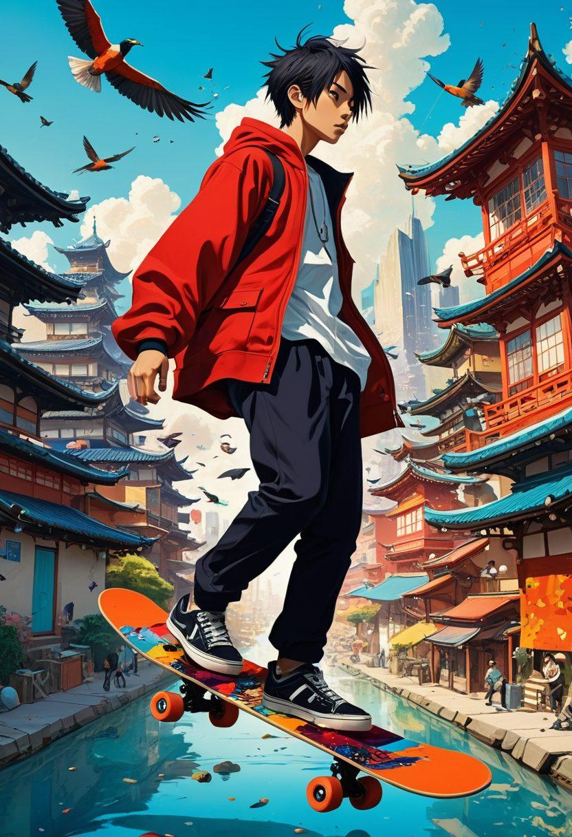 A surreal collage depicting a vibrant anime world where traditional and modern elements blend. Include diverse characters engaging in various niche scenarios, with bold colors and exaggerated expressions. Integrate symbols representing freedom and creativity breaking through societal barriers. The background should be a colorful cityscape merging fantasy and reality. Digital art, vibrant colors, cartoon style.